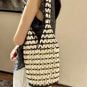 New Woven Casual Women’s High end Handheld Bucket Single shoulder Bag Niche Crossbody Bag Open Closure Two Straps Wood