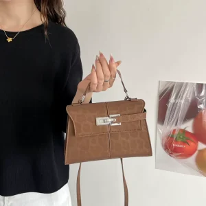 New Woven PU Leather Handbag for Women Top Handle Bag with Lock Crossbody Shoulder Bag Designer Purse for Lady