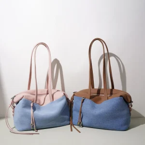 Newest Niche Design Shoulder Bag Commute Underarm Bag Large Capacity Denim Splicing Leather Crossbody Bag