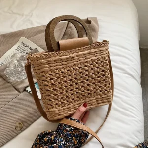 Newly Designed Wooden Handle Straw Bags Summer Beach Straw Handbag Shoulder Straw Weave Bag