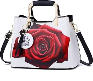 Newly Elegant Red Rose Women Handbag Designer PU Leather Tote Gold Handle & Shoulder Strap Fashion Floral Purse Gift Bags