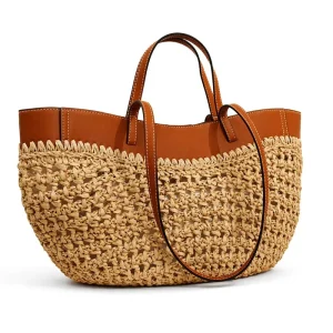 Niche Design Casual Straw Woven Tote Bag Womens New Style Patchwork Knitted Summer Beach Shoulder Handbag Polyester Lining