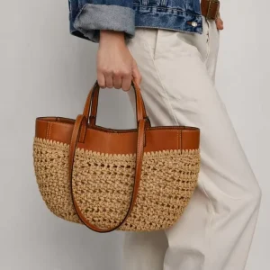 Niche Design Handwoven Polyester Extra Large Beach Straw Tote Vacations Womens Color Block Drawstring Shoulder Crossbody Bag