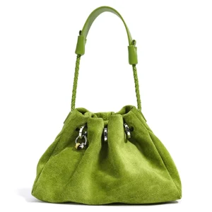 Niche Design High End Frosted Genuine Cowhide Women’s Casual Handbag Candy Color Drawstring Closure Ruched Cloud Crossbody Bag