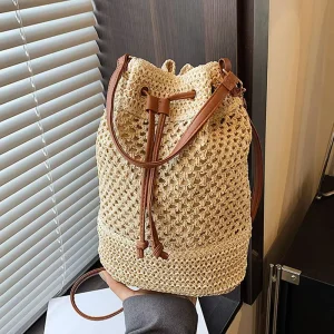 Niche Woven Straw Candy Pattern Portable Bucket Bag New Womens Summer Fashion Beach Shoulder Crossbody