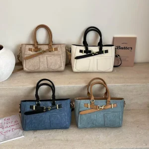 Niche-design PU Denim Bag for Women Summer Large-capacity Shoulder Crossbody Bag Retro-Colorblock Tote Bag with Zipper Closure