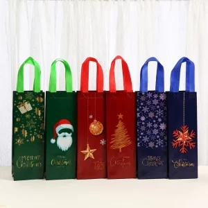 Non Woven Wine Bag Cartoon Christmas Printed Wine Bottle Packaging Handbag Xmas Holiday Wine Gift Tote