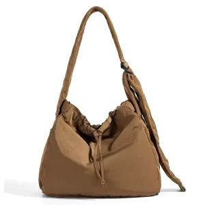 Nylon Drawstring Hobo Bag for Young Girls Casual Daily Shoulder Crossbody Purse with Two Straps Waterproof