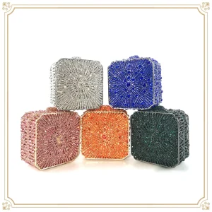 OC3548 Luxury Square Embossed Evening Bag with Crystal Stone and Detachable Chain for Wedding Clutch