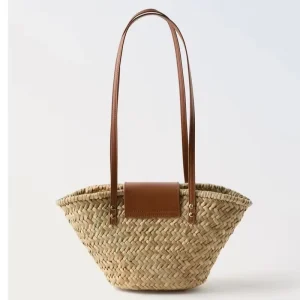 ODM Manufacture Natural Grass Shoulder Leather Handle Splicing Straw Woven Rattan Beach Bag for Ladies Vacation