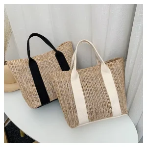ODM Manufacturer Grass Shoulder Straw Beach Tote Bag Summer Straw Weaving Splicing Woven Vacation Beach Bag