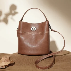 ODM OEM New Genuine Leather Vintage Light Handbag Women’s Cowhide Bucket Bag Casual Zip Single Strap Shoulder Bag