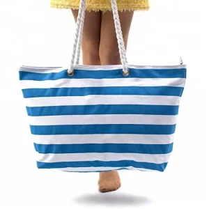 OEM Large Capacity Canvas Tote Beach Bag with Zipper Closure Custom Print Logo Polyester Lining Ladies Stripe Pattern