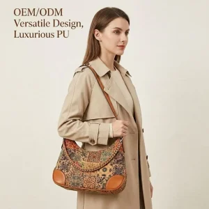 OEM ODM Factory Retro Floral Printed Shoulder Bag Women’s PU Leather Underarm Bag Woven Handle Luxury Purse Manufacturer