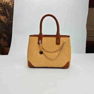 OEM ODM Straw PU Trim Tote Bags Summer Beach Style With Metal Chain Custom Logo