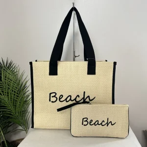 OEM Paper Straw Bag Large Capacity Women Handbag Shoulder Handbag Set Summer Beach Straw Tote Bags With Cosmetic Bag