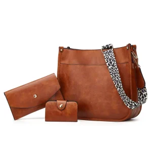 OEM Women 3 in 1 Crossbody Bag Set Leopard Print Wide Strap Faux Leather Hobo Bag With Matching Wallet and Card Holder