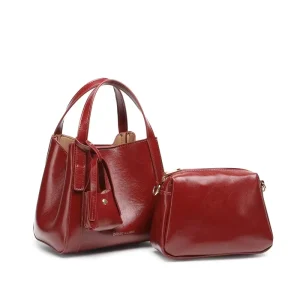 Oil Wax Leather Textured Bag 2 Pieces Set Handbag Ladies Hobo Bag Bucket Purse Square Single Shoulder Bag