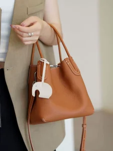 Oupindian Minimalist Fashion Bucket Bag Women Genuine Leather Soft Stitching Crossbody Bag