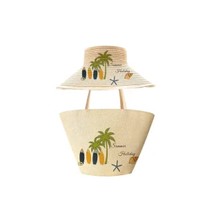 Outdoor Sunscreen Women’s Beach Bag Zipper Closure Polyester Lining Casual Travel Surfboard Straw Hat Set Printed Woven