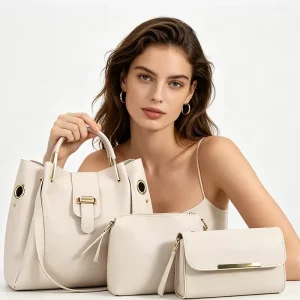 Overseas Warehouse 3 Piece Set Gray PU Leather Handbag Women Tote Bag Crossbody Clutch Set Gold Hardware Fast Delivery