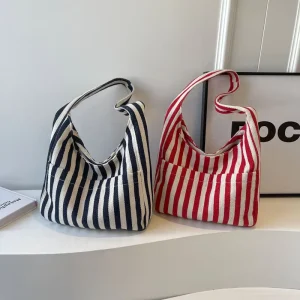 Oversize Large Thick Reusable Striped Cotton Canvas Tote Bags Shopping Canvas Tote Bags Durable Canvas Bags With Outside Pocket