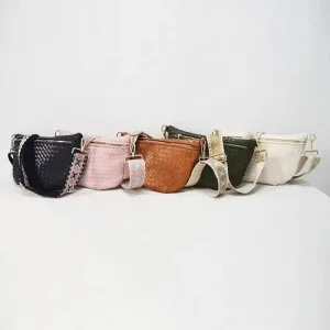 Oversized Crisscross Belt Bag, PU Leather Woven Crossbody Bag with Embroidery Shoulder Strap