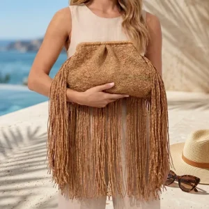 Oversized Luxury Straw Raffia Clutch Bag with Fringe Crochet Bags Handmade Women Handbags for Women