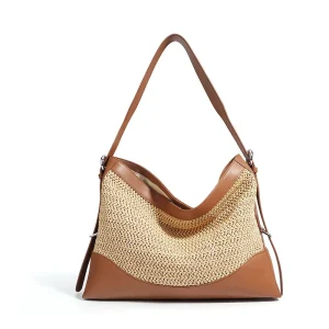 PP Straw Woven Tote Bag Genuine Leather French Style Summer Beach Patchwork Women Shoulder Purse Custom Logo Low MOQ