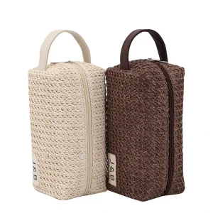 PP Woven Travel Straw Toiletry Makeup Bag with Carry Handle Zipper Closure Women’s Cosmetic Bag