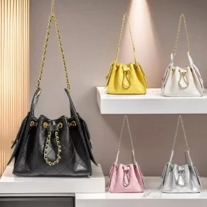 PU Diamond Grid Bucket Bag Bulk Custom Logo Women’s Hobo Ball Pattern Retro Diamond Grid Chain Tote
