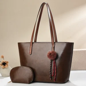 PU Large Capacity Lady Tote Bags Set Manufacture Selling Fashion Woman Handbags With Purse Hair Ball Pendant