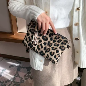 PU Leather Leopard Cow Wristlet Phone Bag Ladies Card Holder Long Wallets Women’s Clutch Bag with Hand Strap