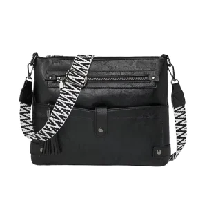 PU Leather Solid Crossbody Shoulder Bag for Women with Wide Strap Retro Travel Shopping Messenger Bag