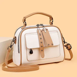 PU Leather Two Tone Satchel Bag with Top Handle Women Fashion Crossbody Handbag for Daily Use