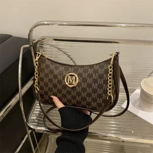PU Women’s Underarm Bag Letter Printed Crossbody Small Square Chain Single-Shoulder Polyester Zipper