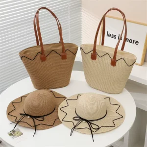 Paper Straw Bag and Hat Set UV Protection Seaside Beach Capacity Tote Bag Summer Wide Brim Women’s Beach Straw Hat