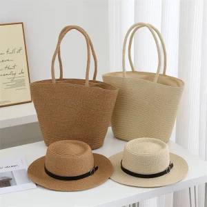 Paper Straw Beach Bag and Hat Set Holiday Hand Woven Capacity Tote Bag Outdoor Summer Women Straw Boater Hat