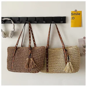 Paper Straw Tote Fringe Detail Shoulder Bag Large Beach Bag with Tassel Eco Friendly Summer Vacation Purse