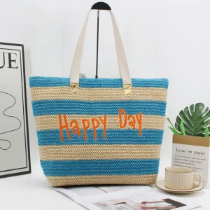 Paper Straw Woven Bag Outdoor Casual Fashion Shoulder Bag Beach Handbag for Women With Embroidered logo