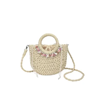 Pastoral Style Flower Hand Straw Woven Bag Spring and Summer Beach Seaside Crossbody Woven Crossbody Bag