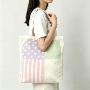 Patchwork Daisy Polka Dot Striped Grid Canvas Tote Bag Eco Large Capacity Reusable Shoulder Bag Custom Logo Print Daily Handbag