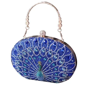 Peacock Embellished Diamond Studded Trapeze Evening Bag European American Retro Style Black PU Clasp Closure Party