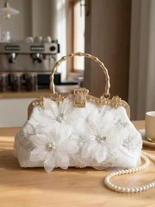 Pearl Embroidered Flower Bamboo Handle Handbags Banquet Clutch Rivet Rhinestone Beaded Bag Bridals Wedding Bag Women’s Handbag