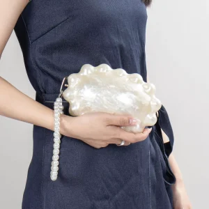 Pearlescent Daisy Evening Bag Gala Purse with Removable Pearl Handle Beaded Strap Women Clutch Bag for Banquet Wedding Party