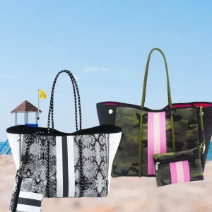 Perforated Leopard Neoprene Waterproof Fashion Tote Bag Beach Bag Camouflage Shoulder Handbags for Women