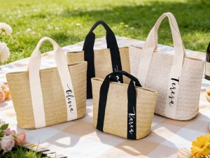 Personalized Logo Straw Beach Bags Fashionable Women Straw Tote Bags for Shopping Gifts