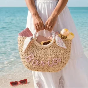 Personalized Name Straw Beach Bag Handwoven Straw Bridesmaid Handbag Ideal Bachelorette Favor Tropical Destination Wedding