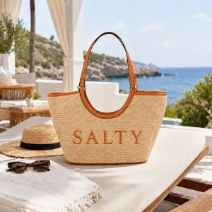 Personalized SALTY Embroidery LOGO Straw Handbag with Leather Trim for Vacation Summer Gift Straw Beach Tote
