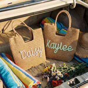 Personalized Straw Beach Tote Bag Bachelorette Party Favors Custom Chenille Name Girls Trip Pool Bag Summer Vacation Bags